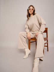 Women Taupe Terry Oversized Sweatshirt With Wide Leg Track Pants-SFSWSH7636_SFPANT50999