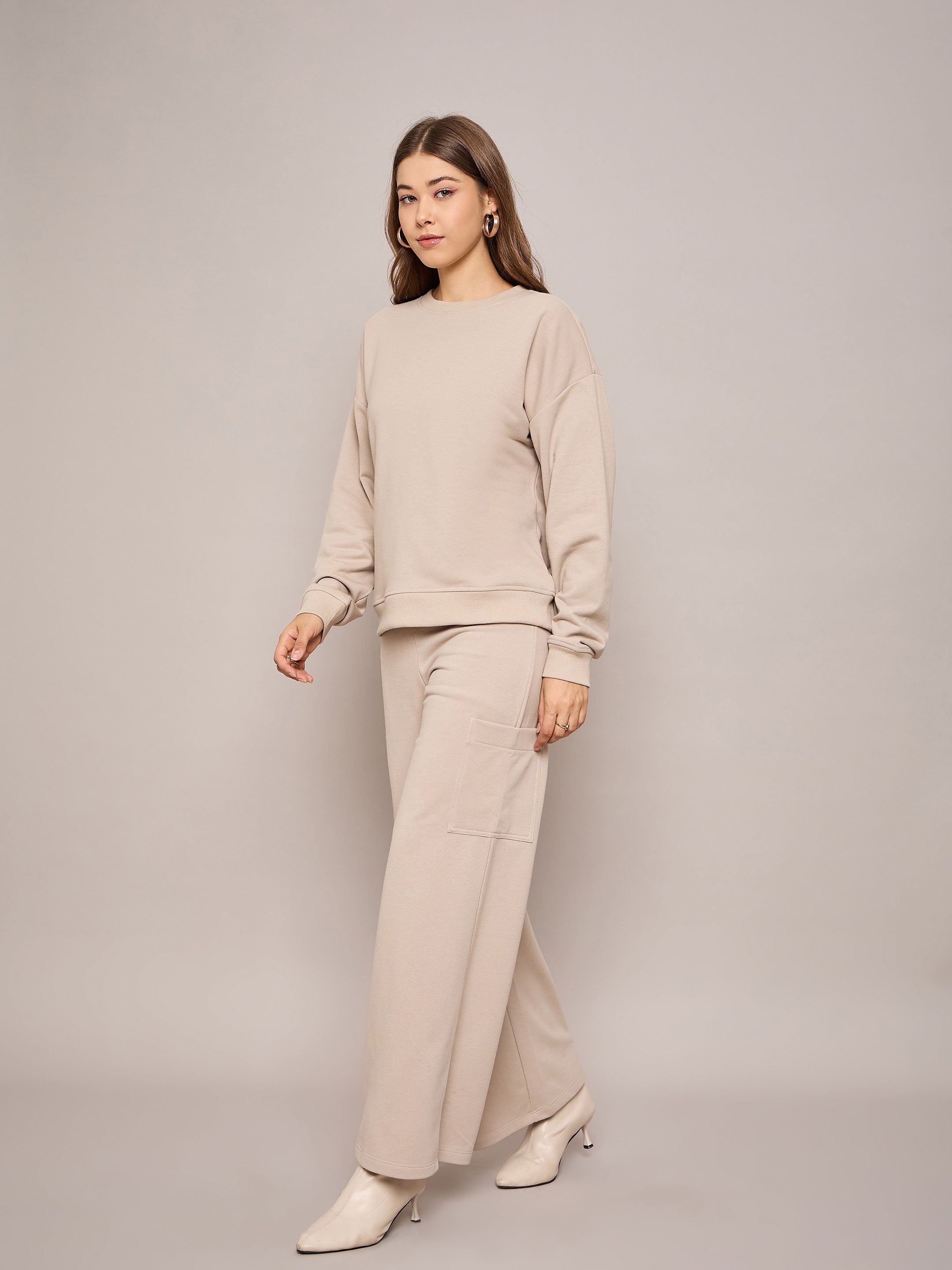 Women Taupe Terry Oversized Sweatshirt With Wide Leg Track Pants-SFSWSH7636_SFPANT50999