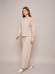 Women Taupe Terry Oversized Sweatshirt With Wide Leg Track Pants-SFSWSH7636_SFPANT50999