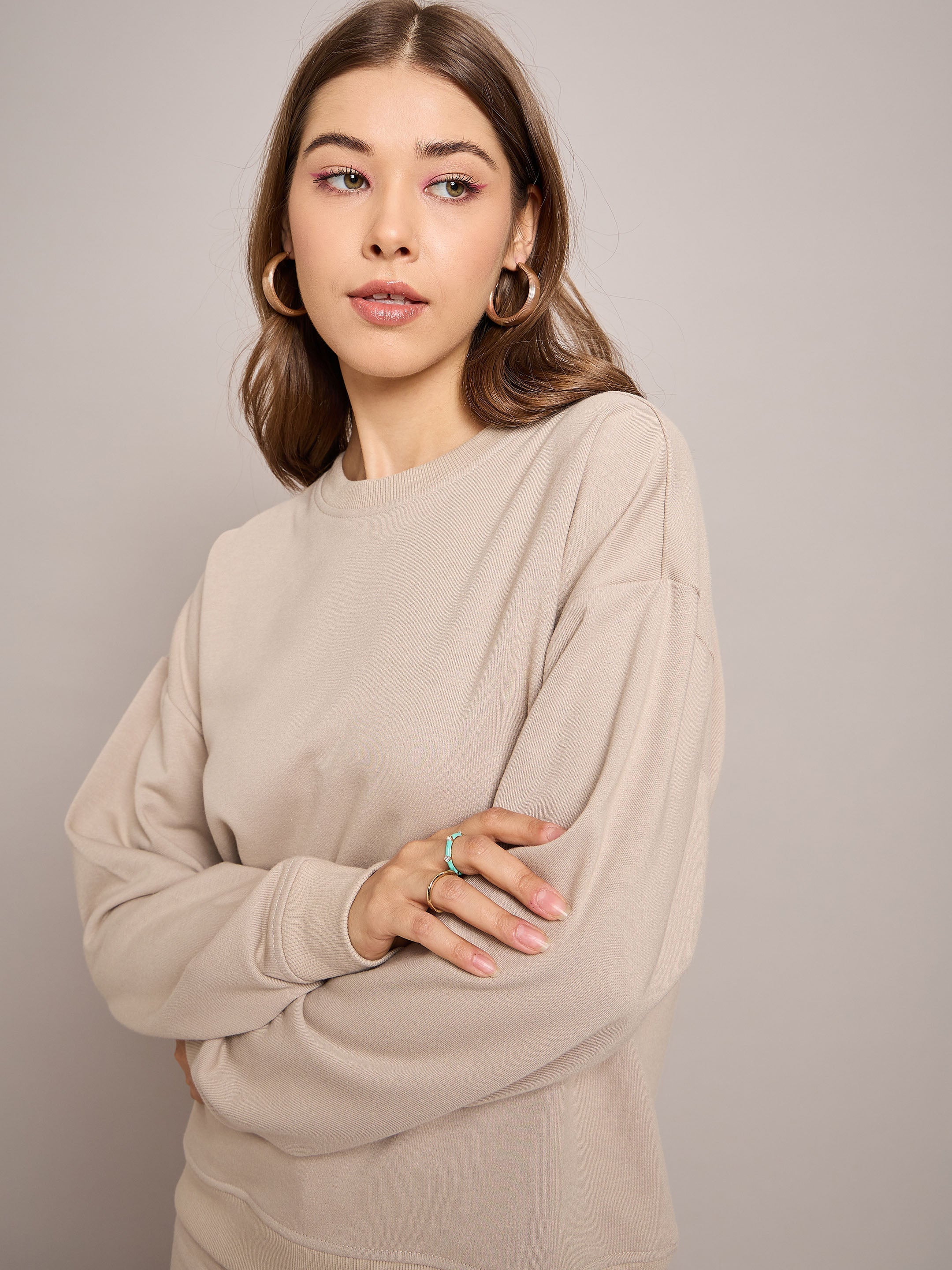 Women Taupe Terry Oversized Sweatshirt With Wide Leg Track Pants-SFSWSH7636_SFPANT50999