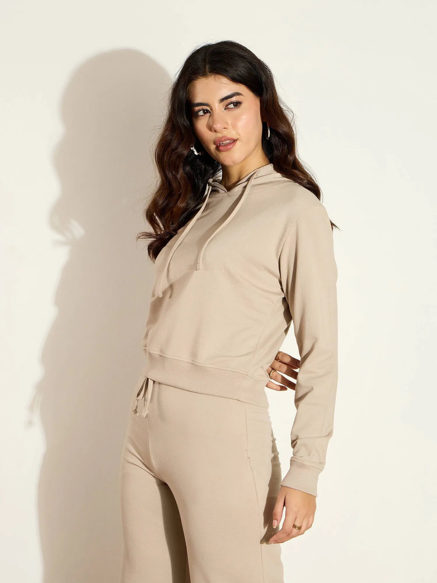 Taupe Terry Hoodie for Women | Comfortable Western Wear Outfit