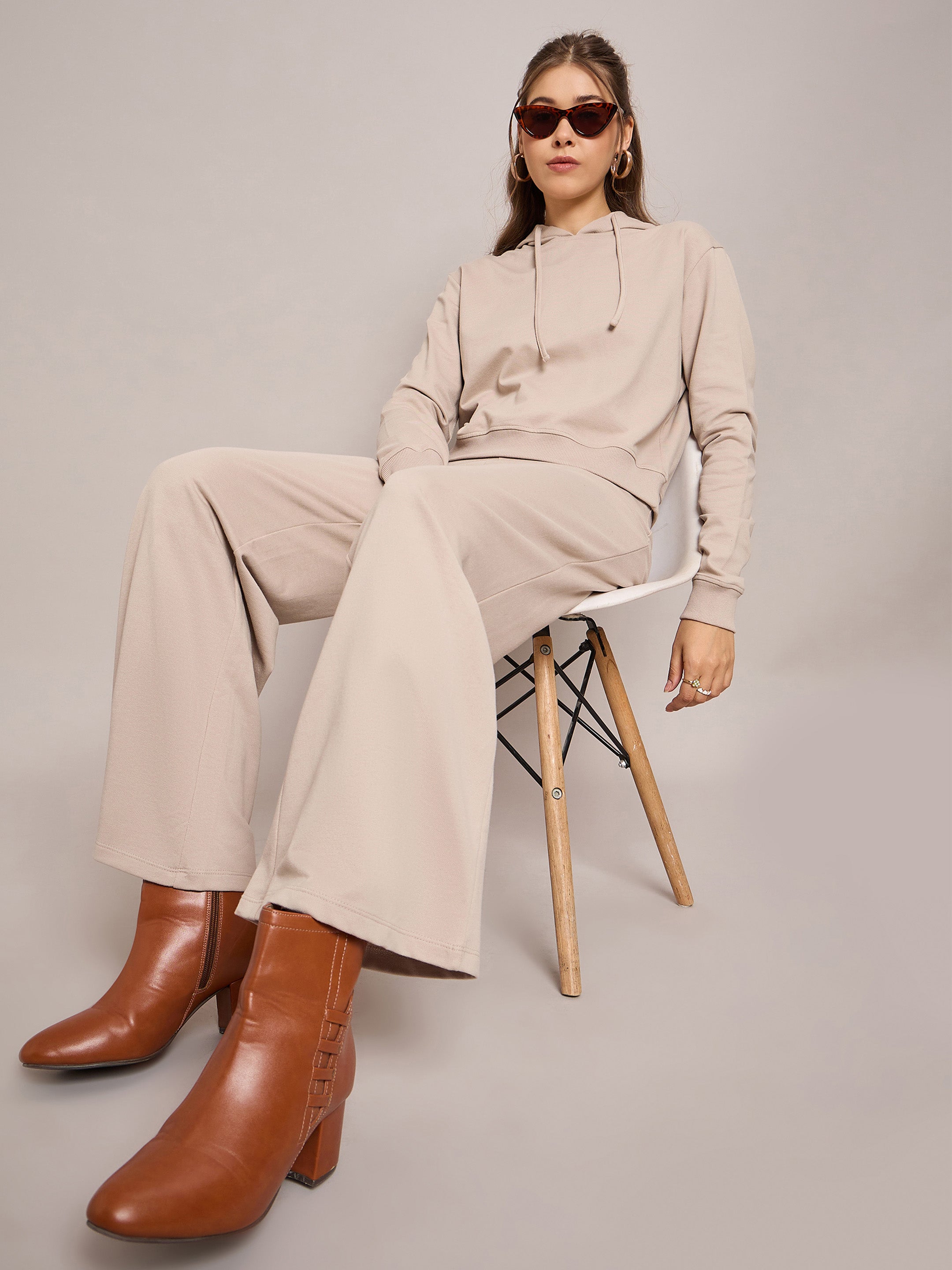 Women Taupe Terry Regular Hoodie With Terry Pants-SFSWSH7638_SFPANT50956