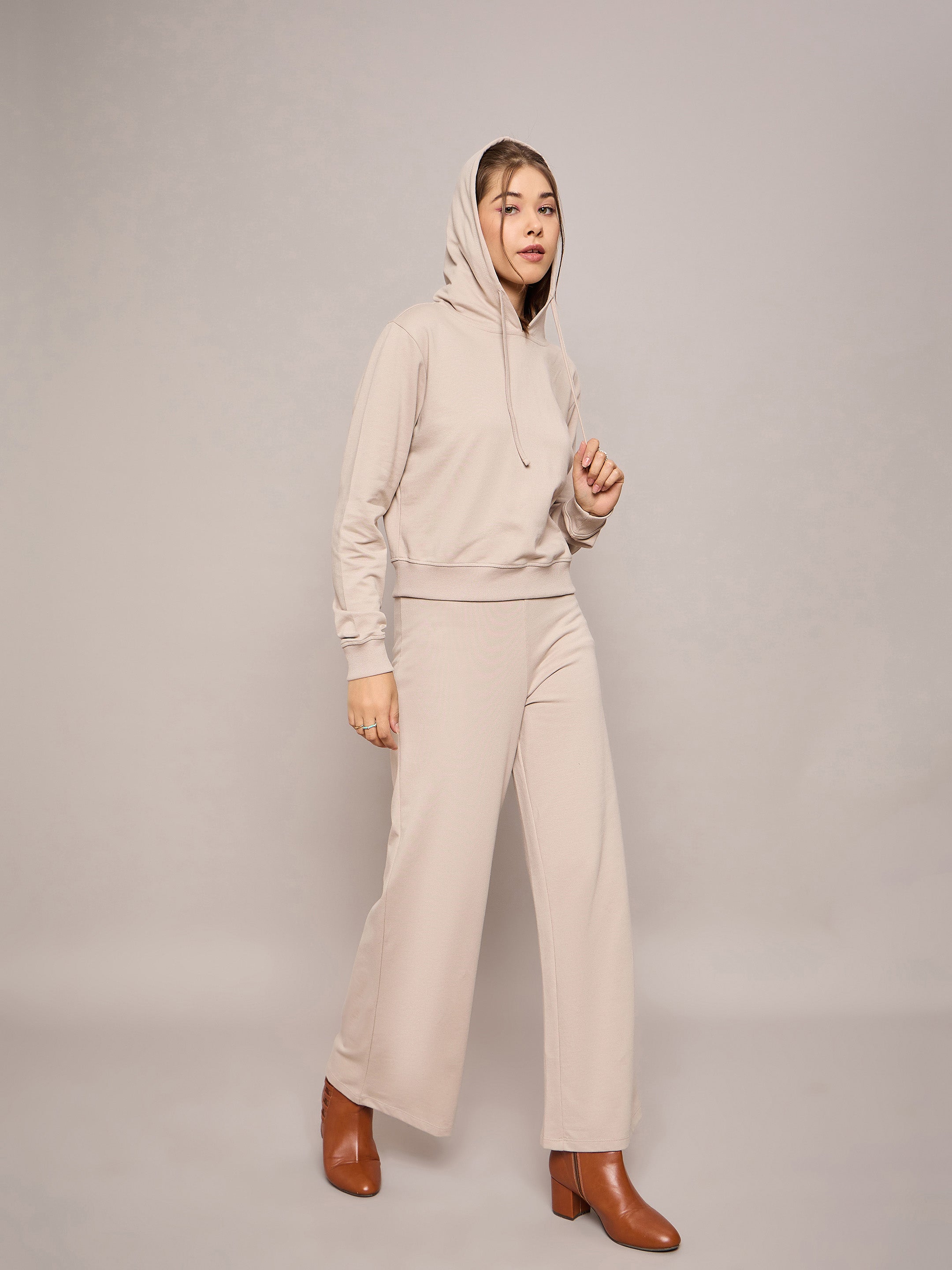 Women Taupe Terry Regular Hoodie With Terry Pants-SFSWSH7638_SFPANT50956