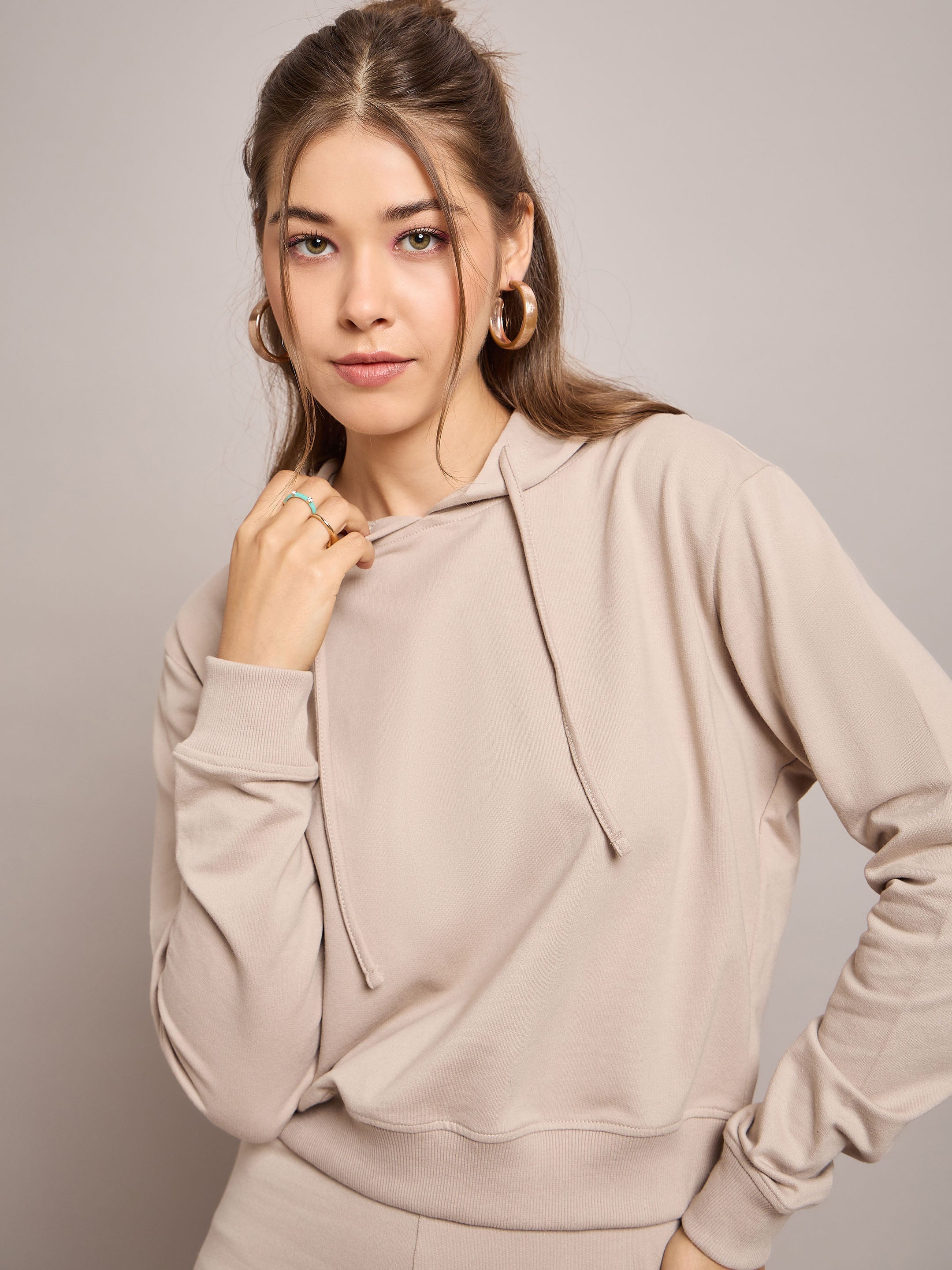 Women Taupe Terry Regular Hoodie With Terry Pants-SFSWSH7638_SFPANT50956
