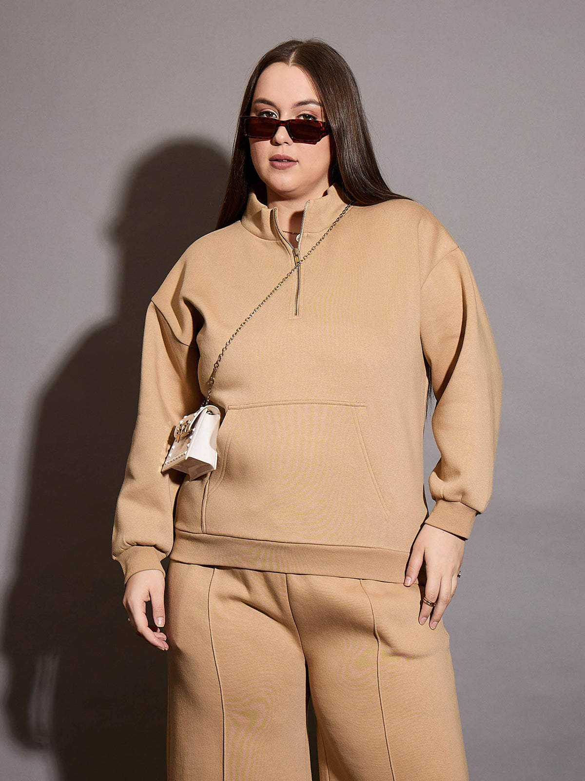 Women Beige Fleece Half Zipper Sweatshirt-SFSWSH7660