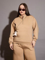 Women Beige Fleece Half Zipper Sweatshirt-SFSWSH7660