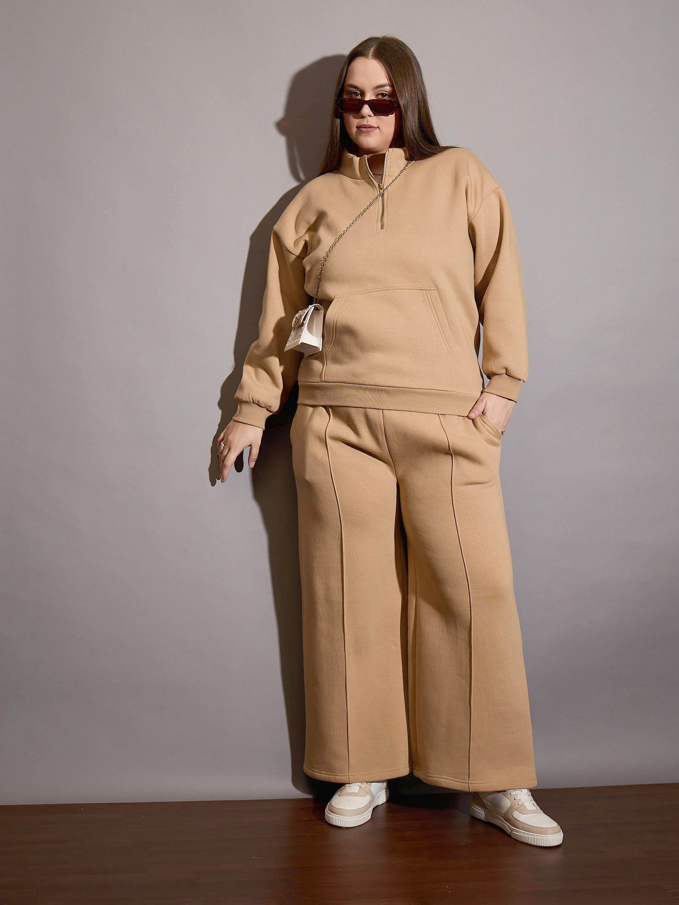 Women Beige Fleece Half Zipper Sweatshirt-SFSWSH7660