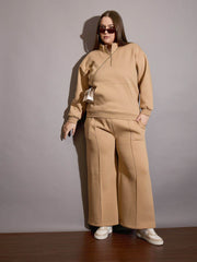 Women Beige Fleece Half Zipper Sweatshirt-SFSWSH7660