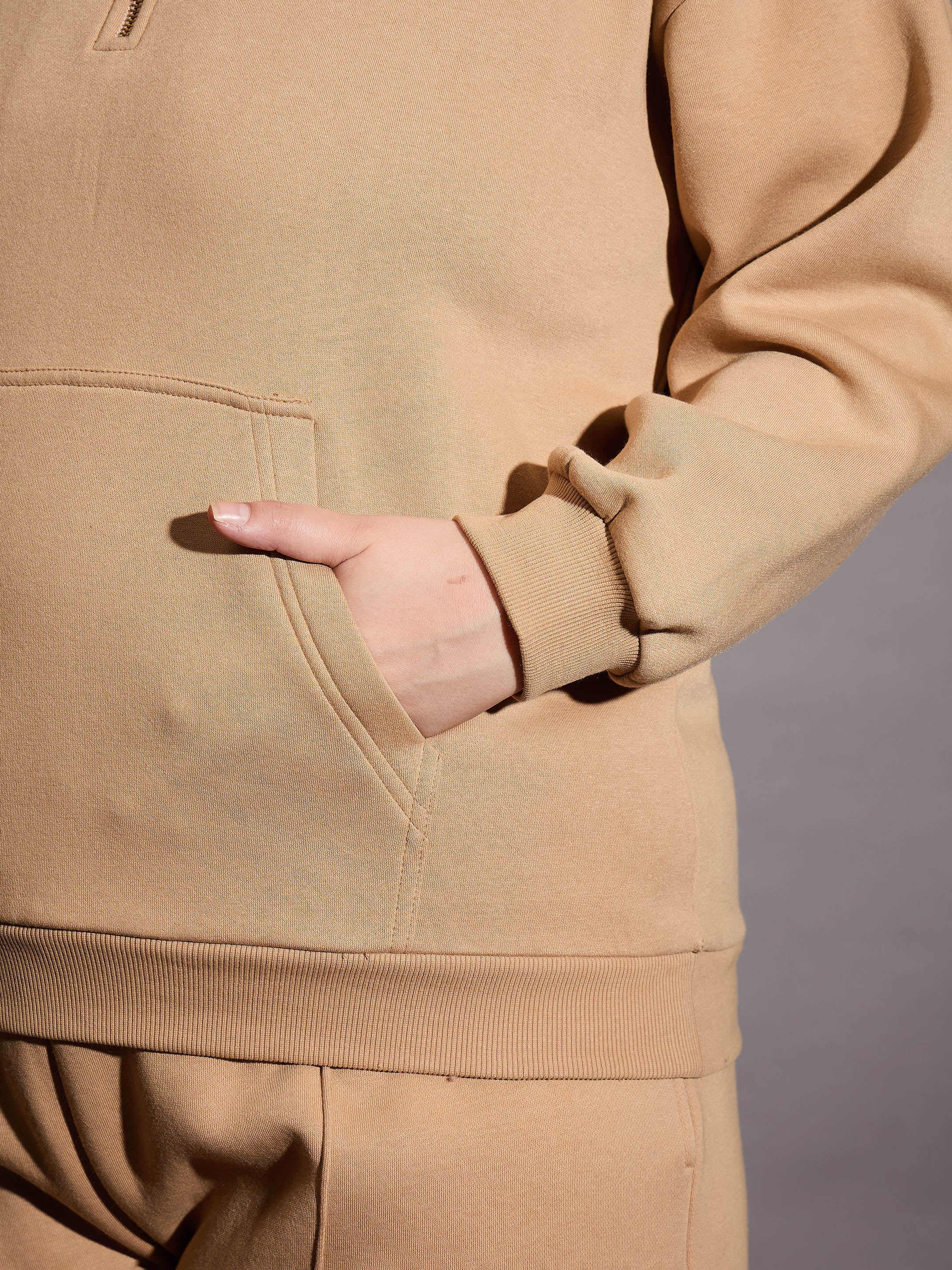 Women Beige Fleece Half Zipper Sweatshirt-SFSWSH7660