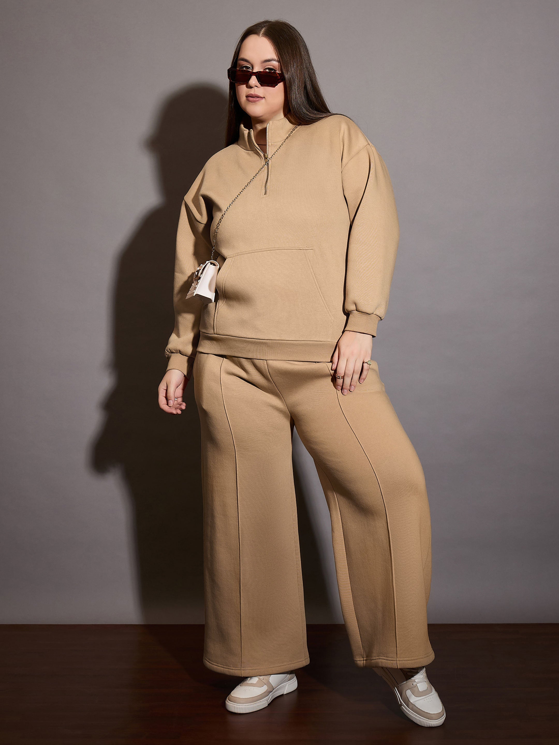 Women Beige Fleece Half Zipper Sweatshirt with Track Pants-SFSWSH7660_SFPANT51005