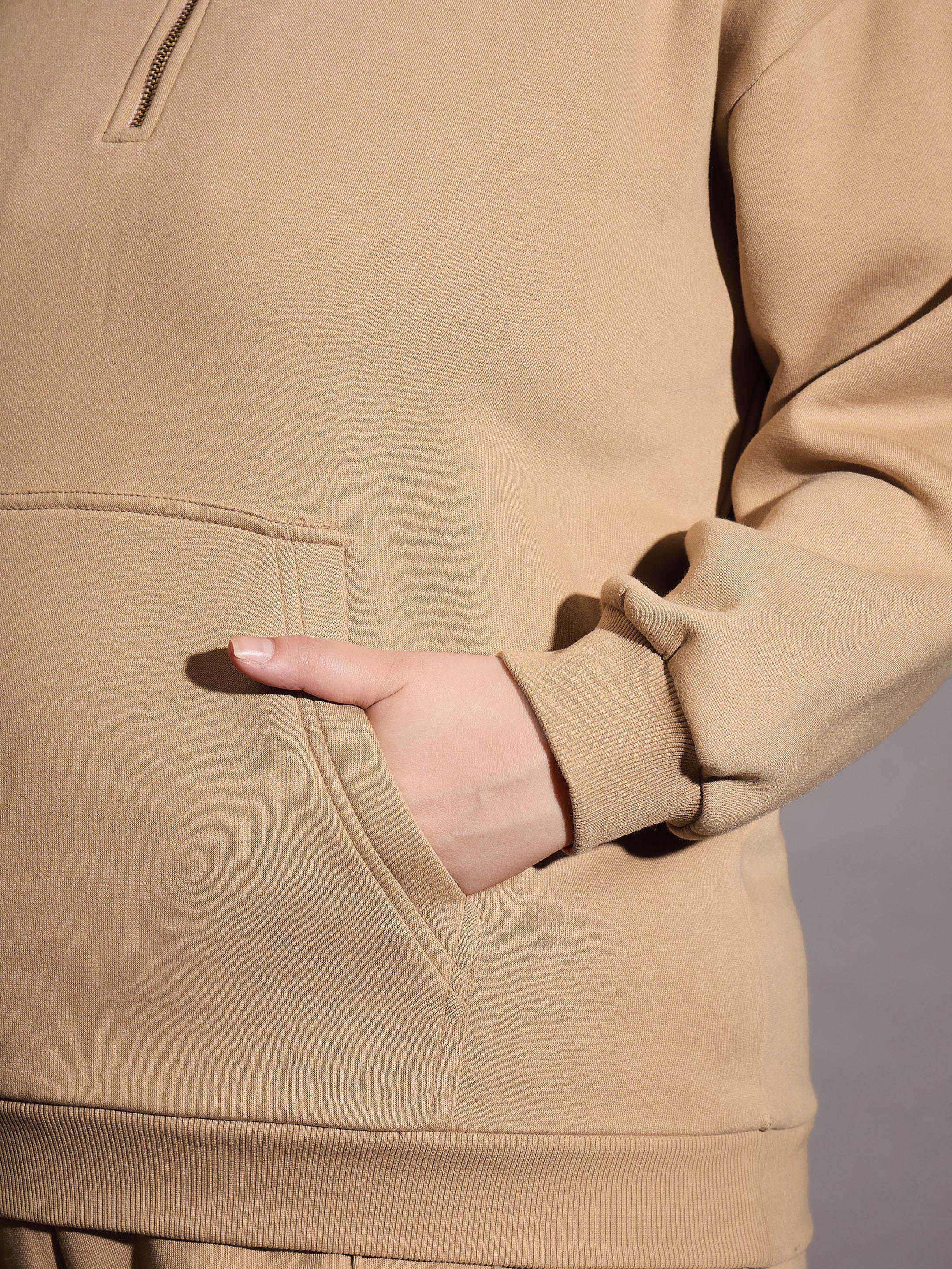 Women Beige Fleece Half Zipper Sweatshirt with Track Pants-SFSWSH7660_SFPANT51005