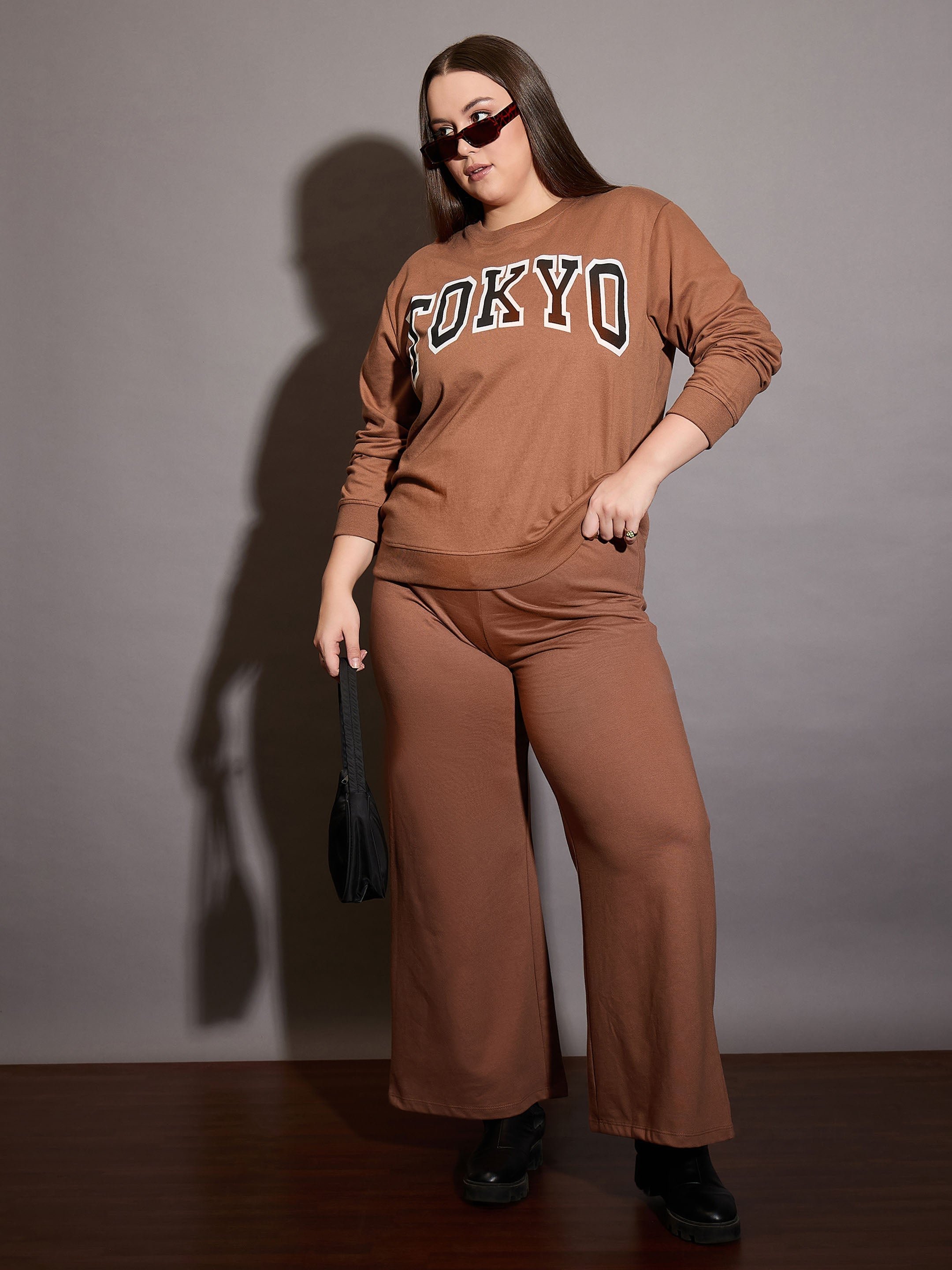 Women Brown Terry TOKYO Printed Sweatshirt with Track Pants-SFSWSH7668_SFPANT51015