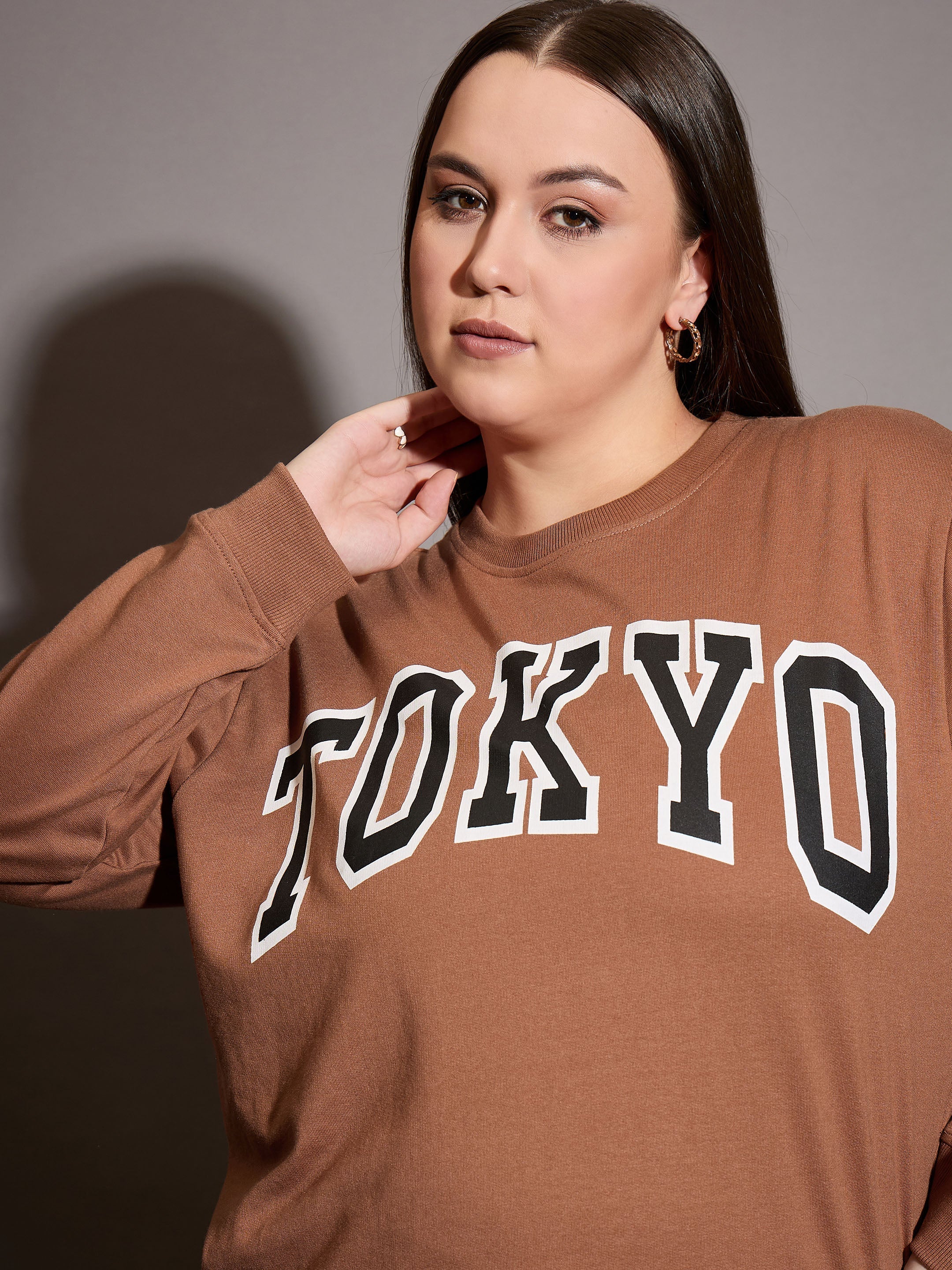 Women Brown Terry TOKYO Printed Sweatshirt with Track Pants-SFSWSH7668_SFPANT51015