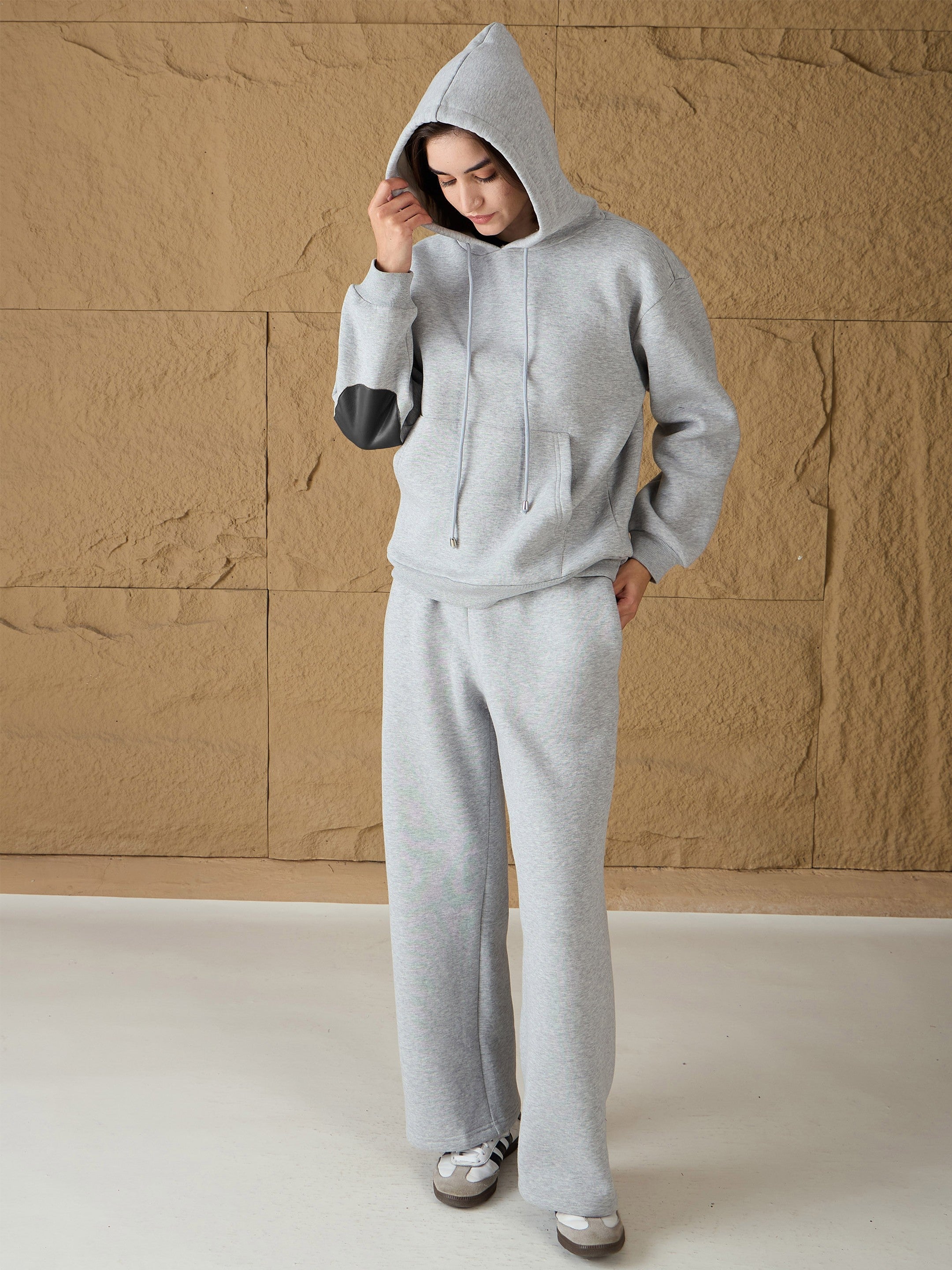 Women Grey Melange Fleece Hoodie With Sweatpants-SFSWSH7675_SFPANT51044