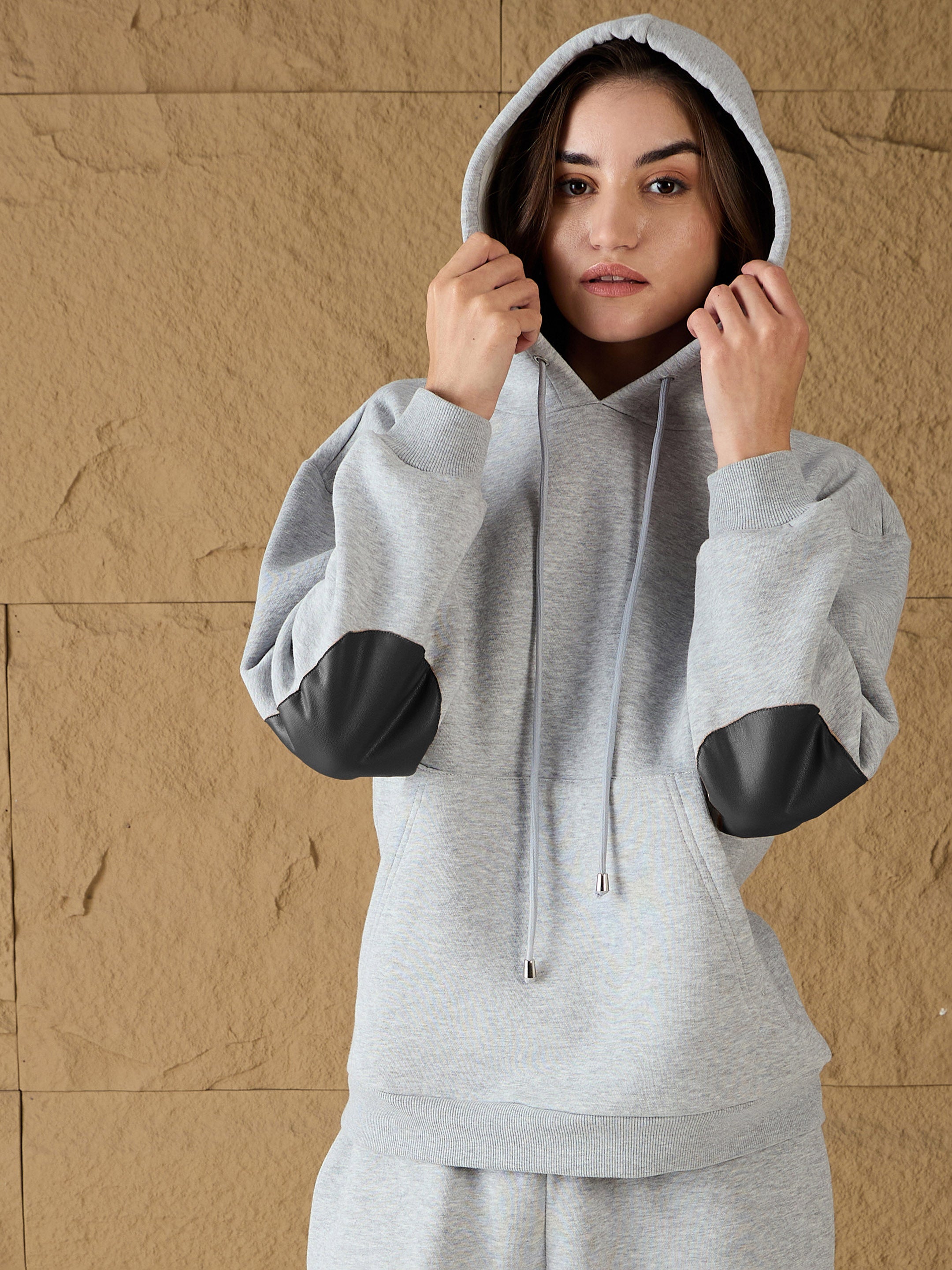 Women Grey Melange Fleece Hoodie With Sweatpants-SFSWSH7675_SFPANT51044