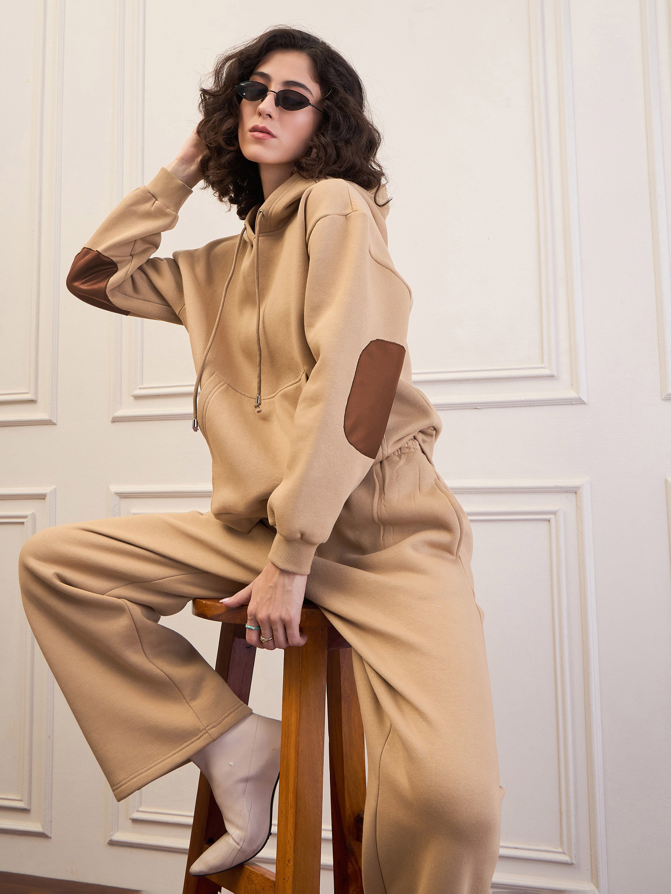 Women Beige Fleece Oversized Hoodie With Sweatpants-SFSWSH7676_SFPANT51045