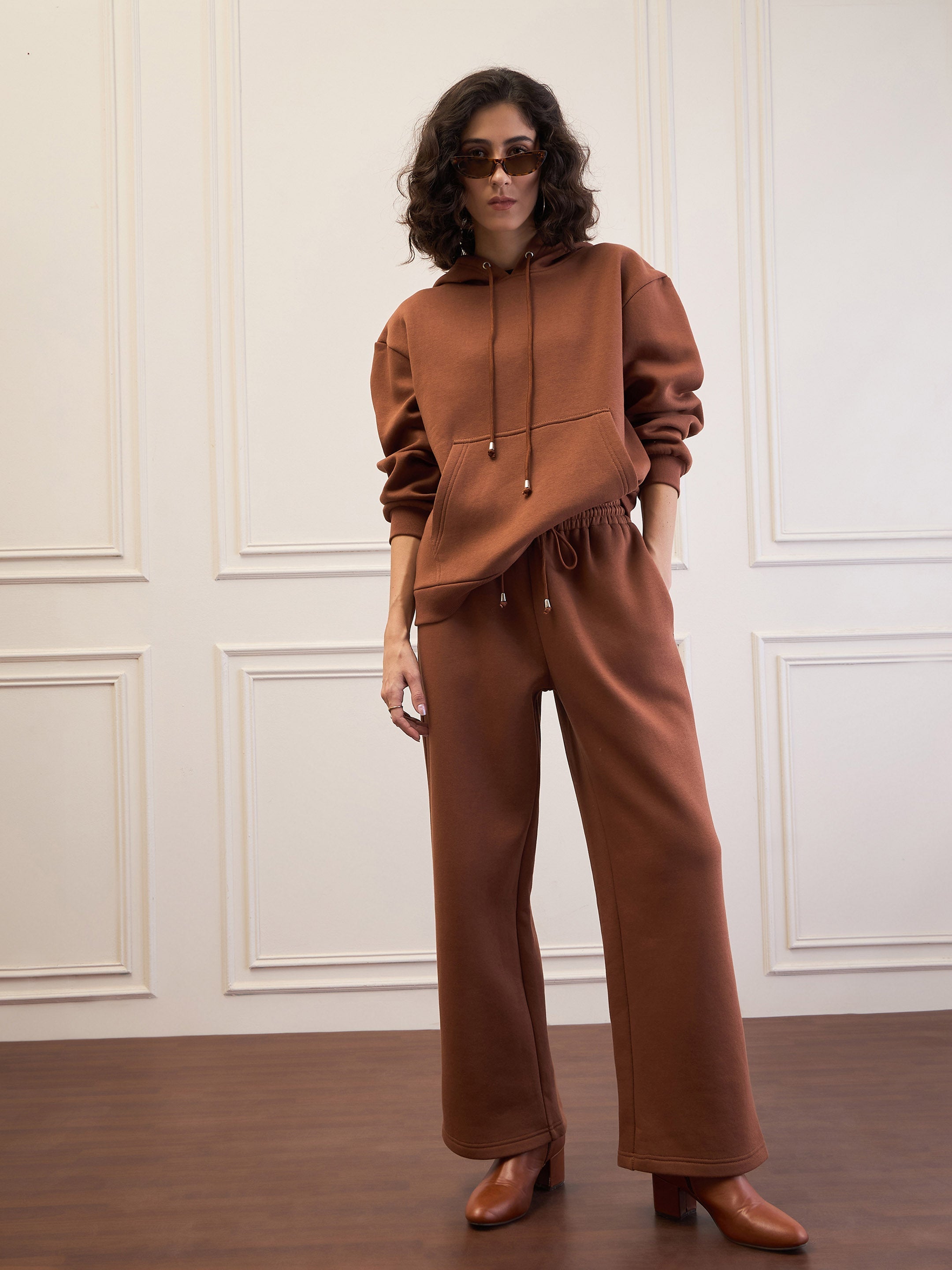 Women Brown Fleece Oversized Hoodie-SFSWSH7677