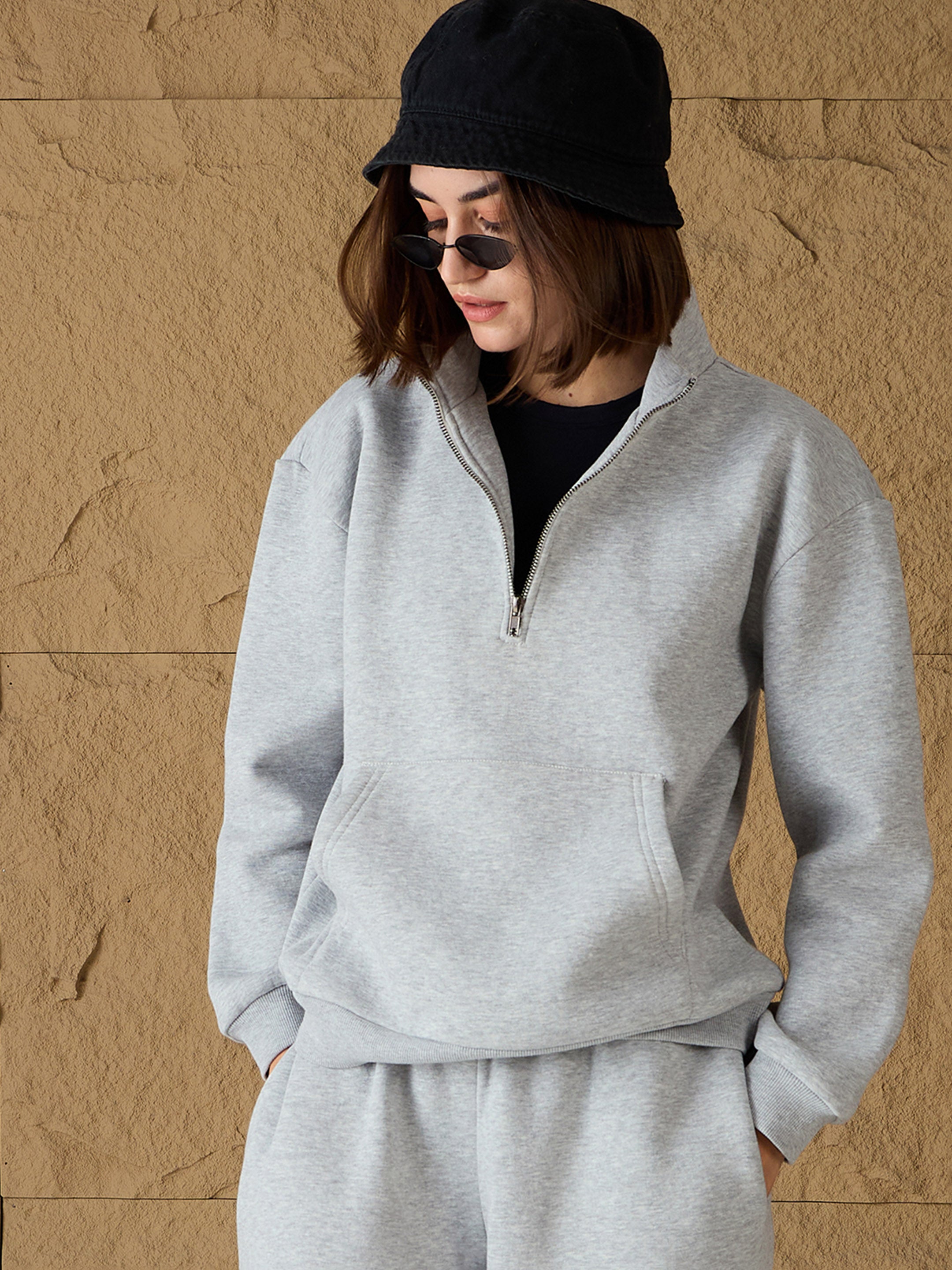 Women Grey Melange Fleece Front Zipper Sweatshirt-SFSWSH7679