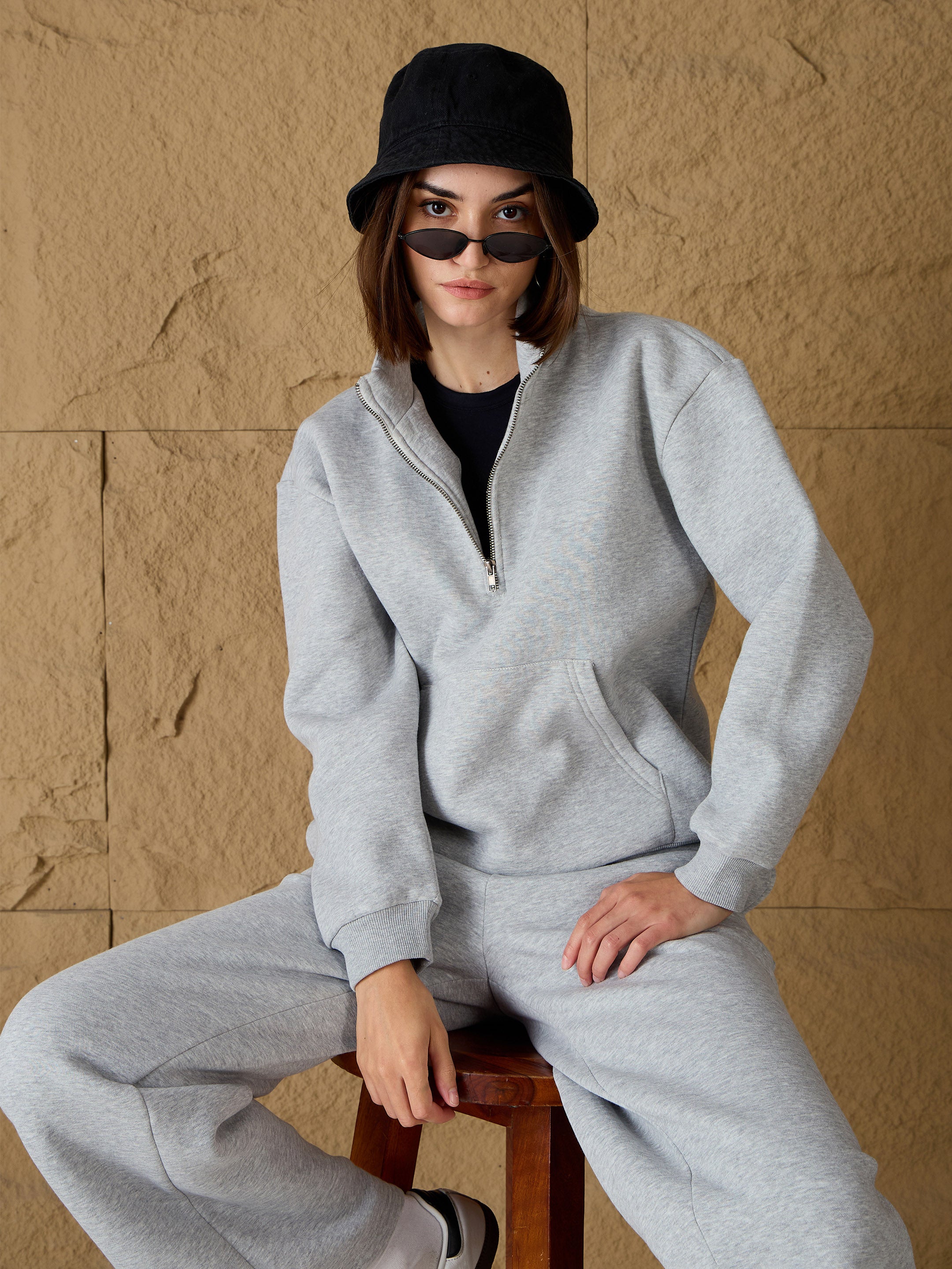 Women Grey Melange Fleece Front Zipper Sweatshirt-SFSWSH7679