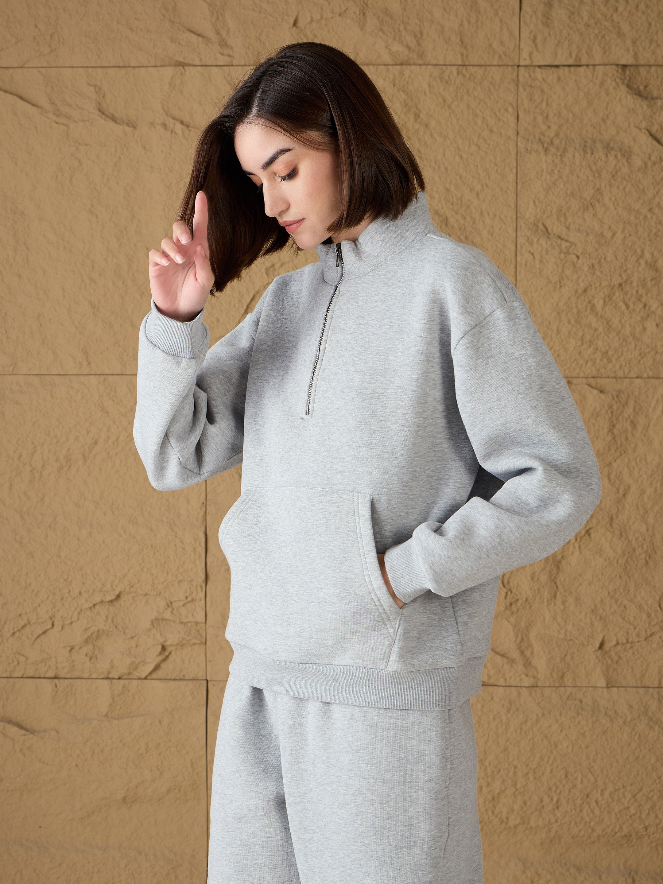 Women Grey Melange Fleece Front Zipper Sweatshirt-SFSWSH7679
