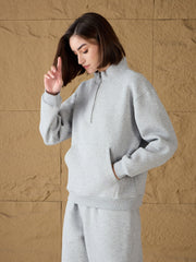 Women Grey Melange Fleece Front Zipper Sweatshirt-SFSWSH7679