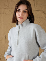 Women Grey Melange Fleece Front Zipper Sweatshirt-SFSWSH7679