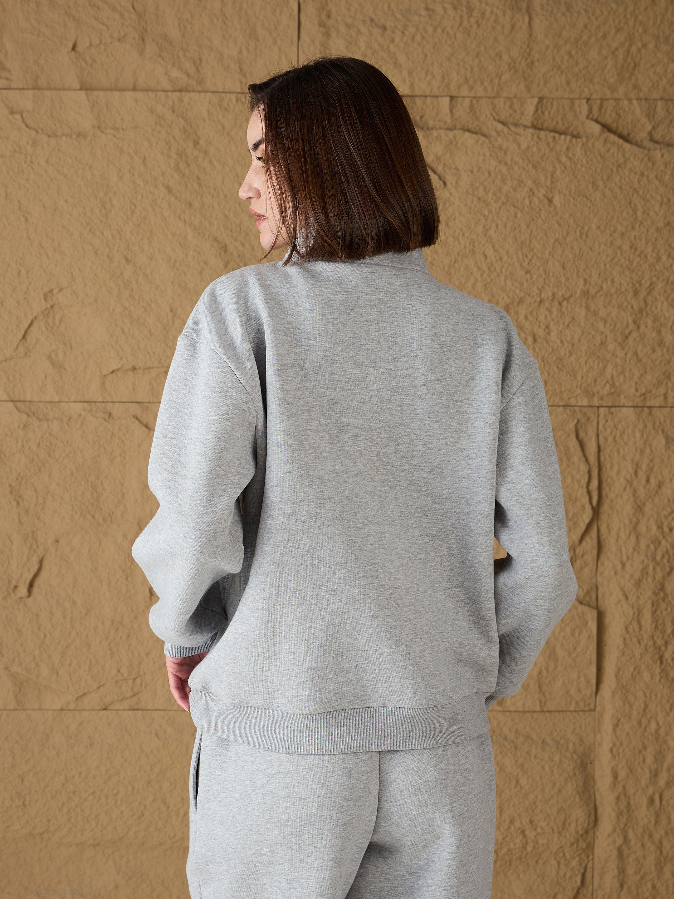 Women Grey Melange Fleece Front Zipper Sweatshirt-SFSWSH7679