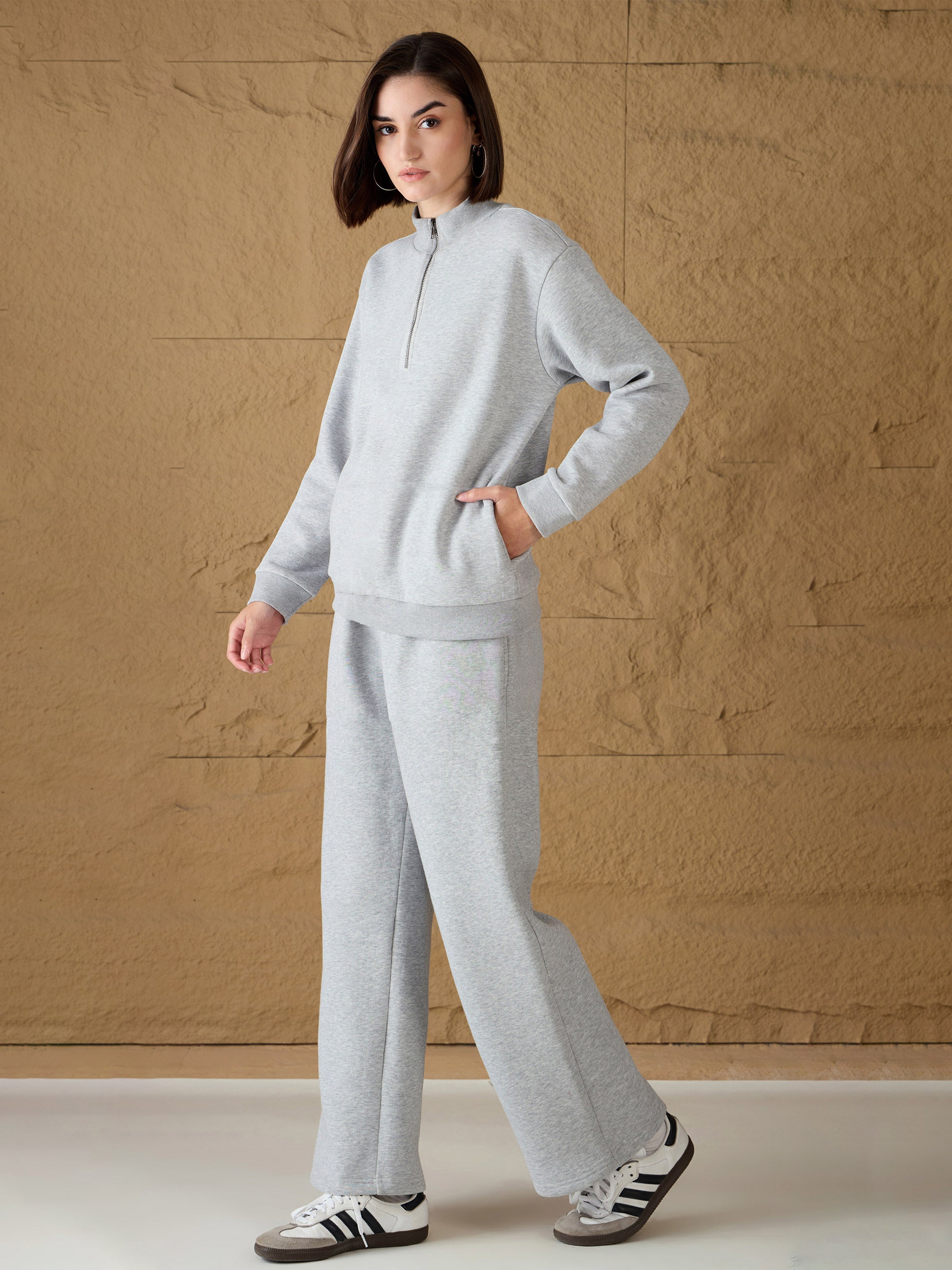 Women Grey Melange Fleece Sweatshirt With Sweatpants-SFSWSH7679_SFPANT51044