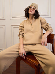 Women Beige Fleece Front Zipper Sweatshirt-SFSWSH7680