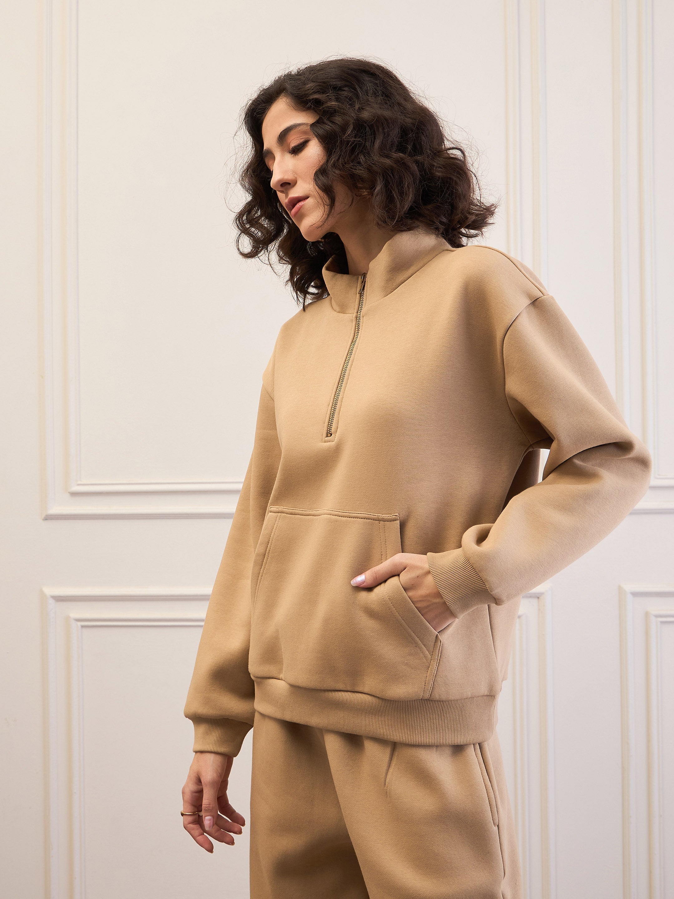 Women Beige Fleece Front Zipper Sweatshirt-SFSWSH7680
