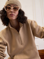Women Beige Fleece Front Zipper Sweatshirt-SFSWSH7680