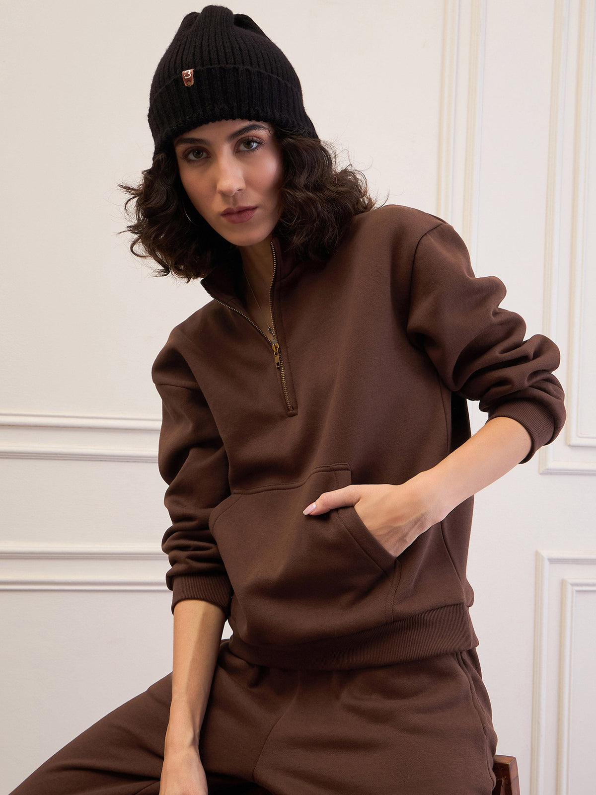 Women Dark Brown Fleece Front Zipper Sweatshirt-SFSWSH7682