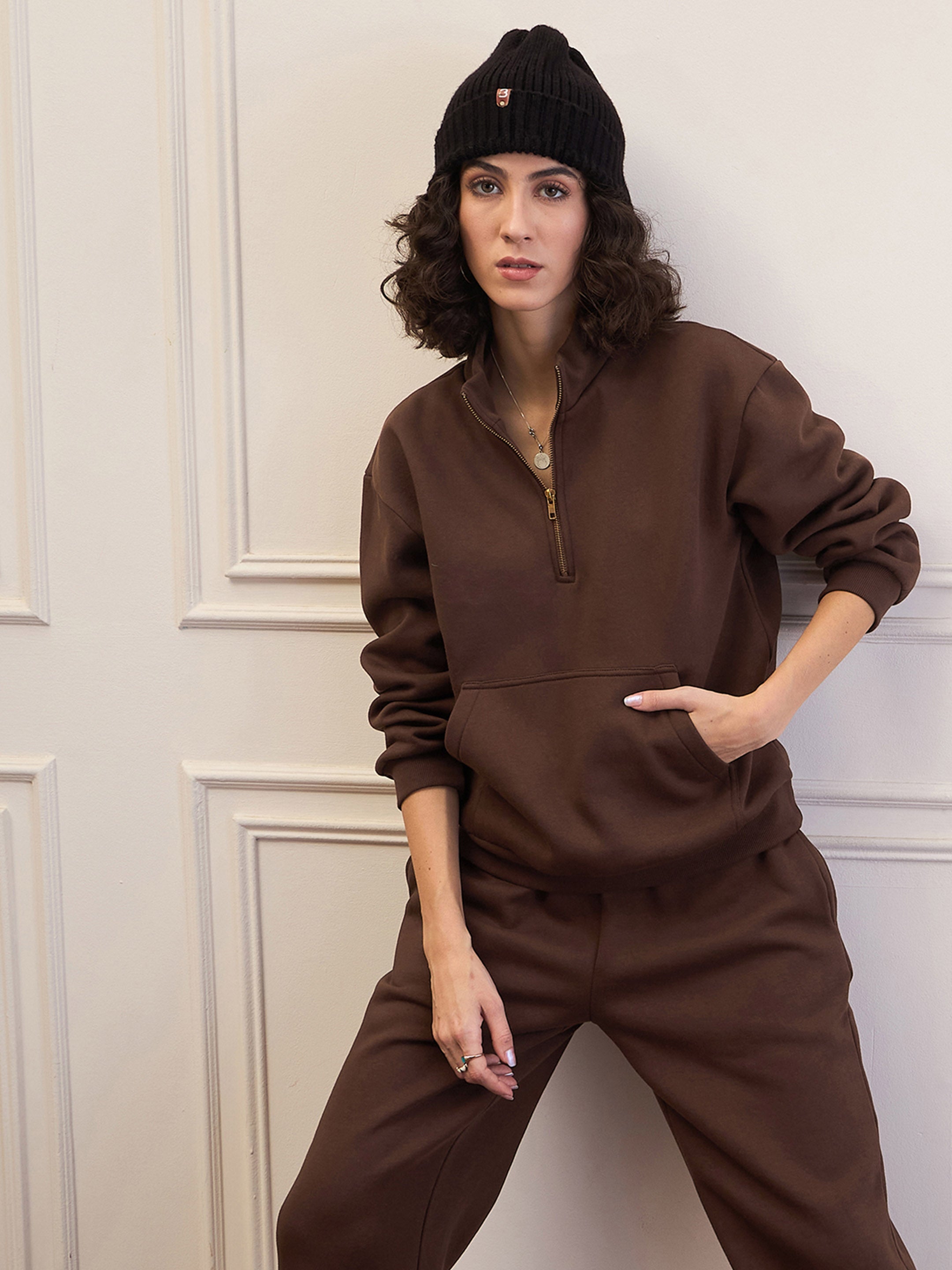 Women Dark Brown Fleece Front Zipper Sweatshirt-SFSWSH7682