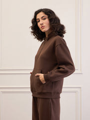 Women Dark Brown Fleece Front Zipper Sweatshirt-SFSWSH7682