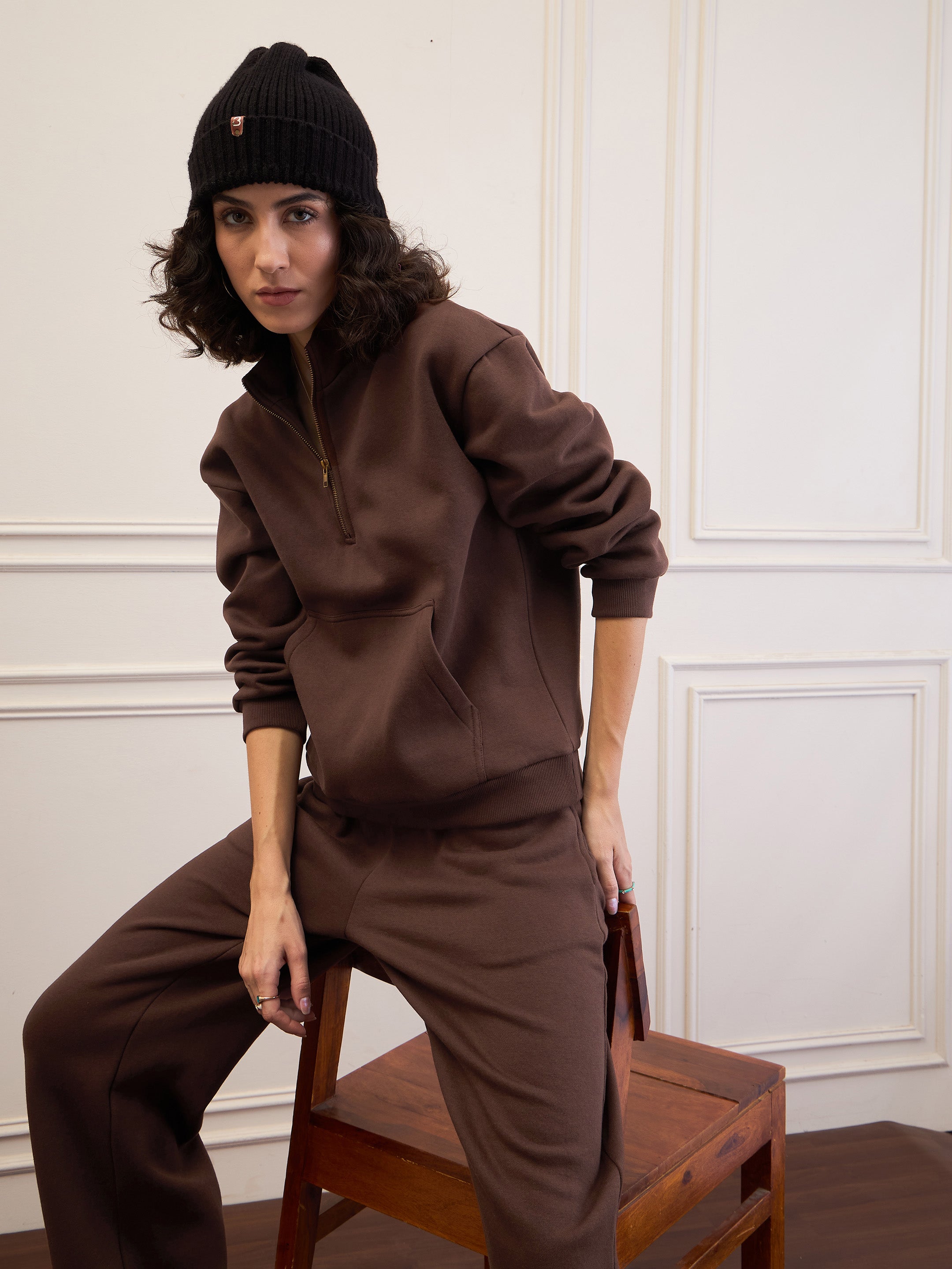 Women Dark Brown Fleece Front Zipper Sweatshirt With Sweatpants-SFSWSH7682_SFPANT51047