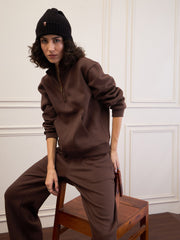 Women Dark Brown Fleece Front Zipper Sweatshirt With Sweatpants-SFSWSH7682_SFPANT51047
