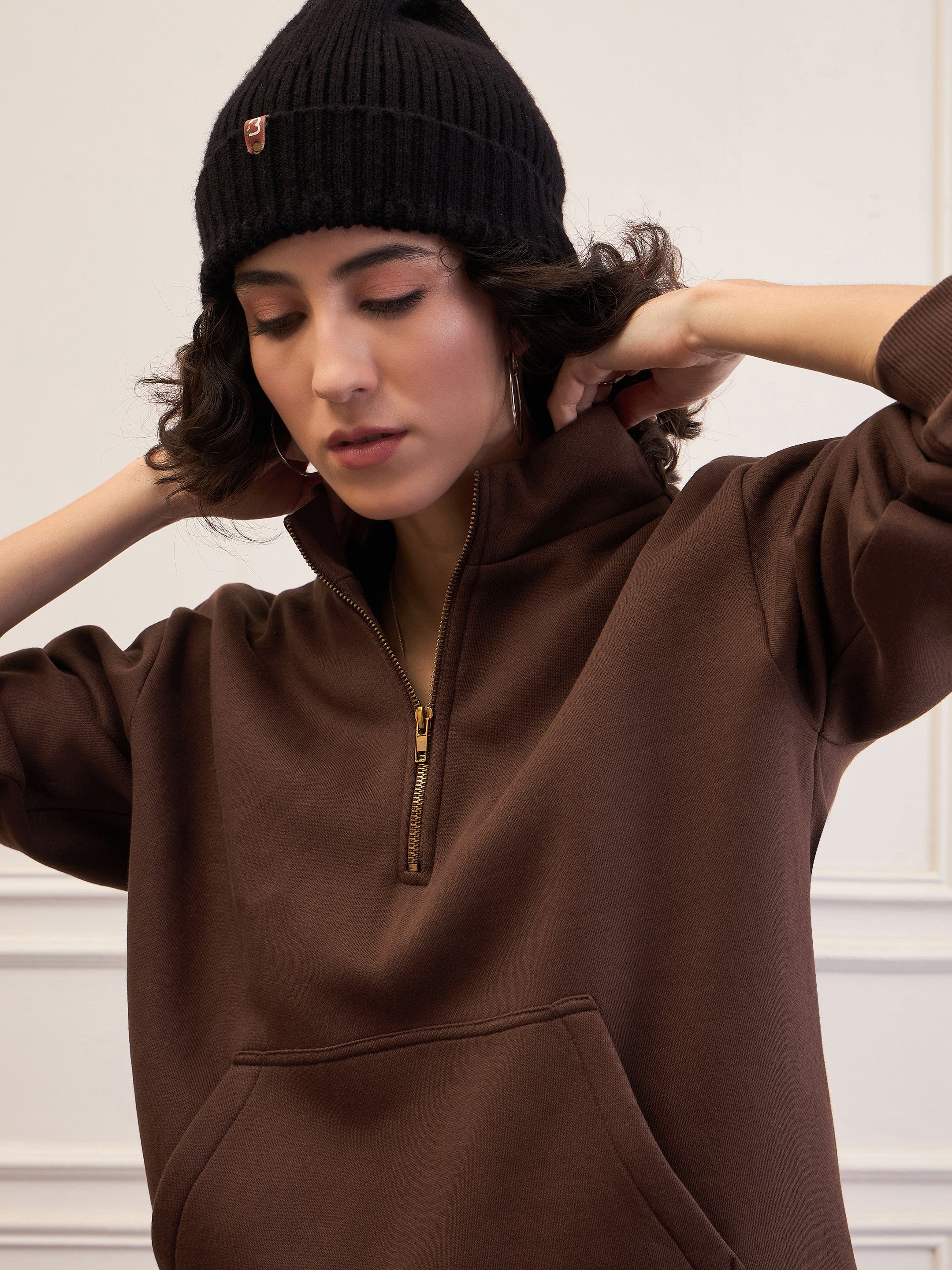 Women Dark Brown Fleece Front Zipper Sweatshirt With Sweatpants-SFSWSH7682_SFPANT51047