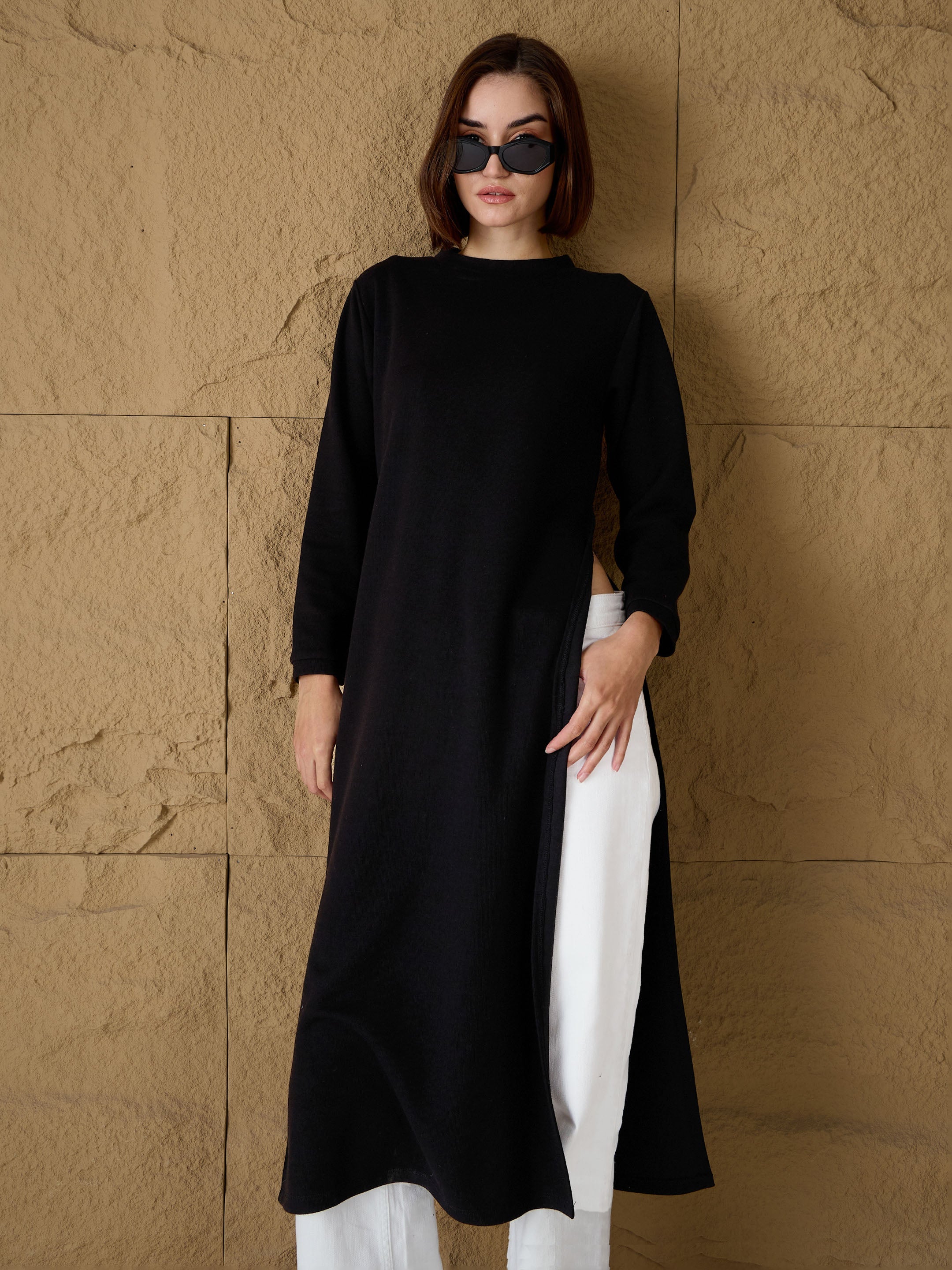 Women Black Round-Neck High Slit Sweater-SFSWSH7686