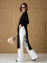 Women Black Round-Neck High Slit Sweater-SFSWSH7686