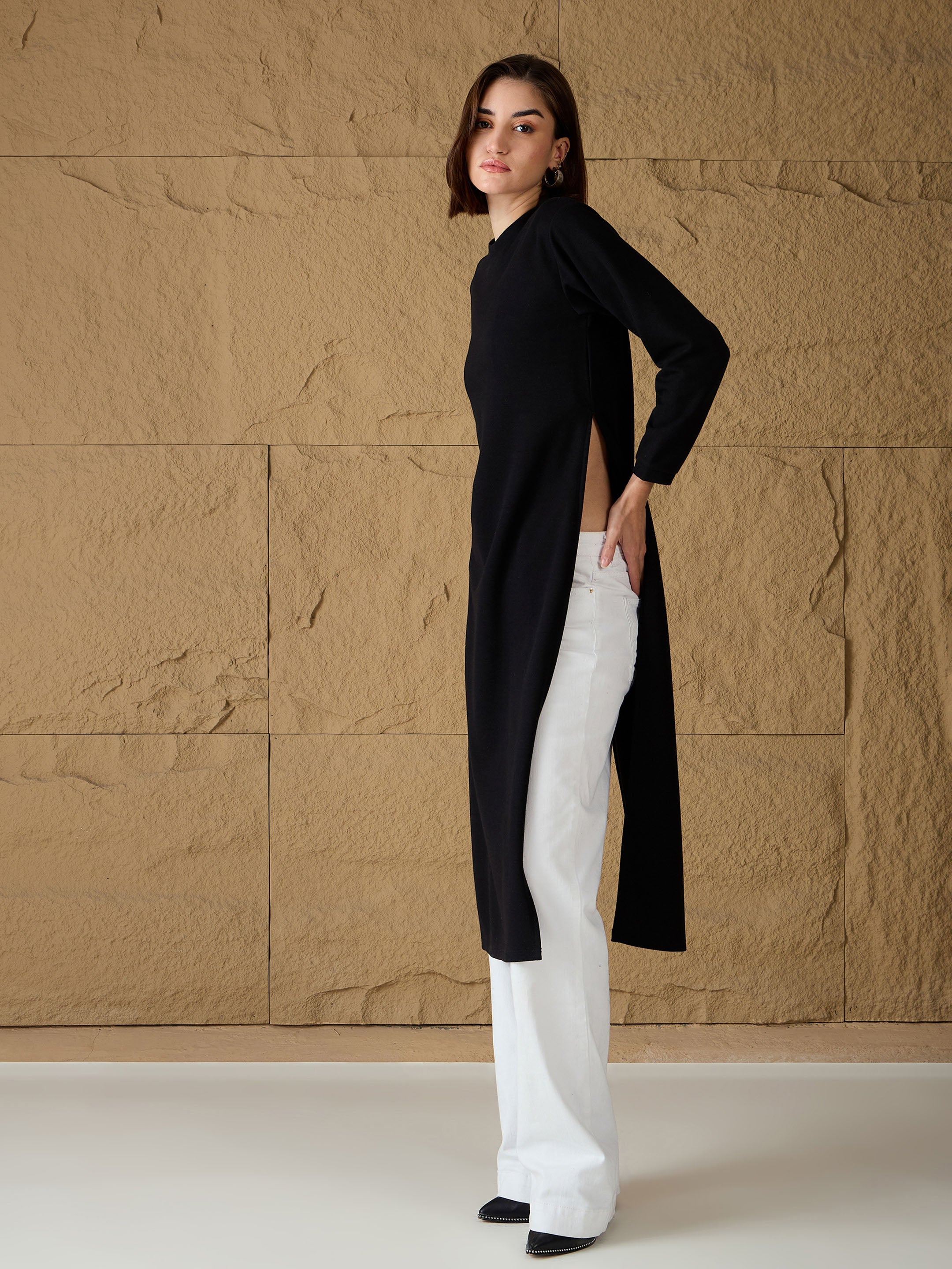 Women Black Round-Neck High Slit Sweater-SFSWSH7686