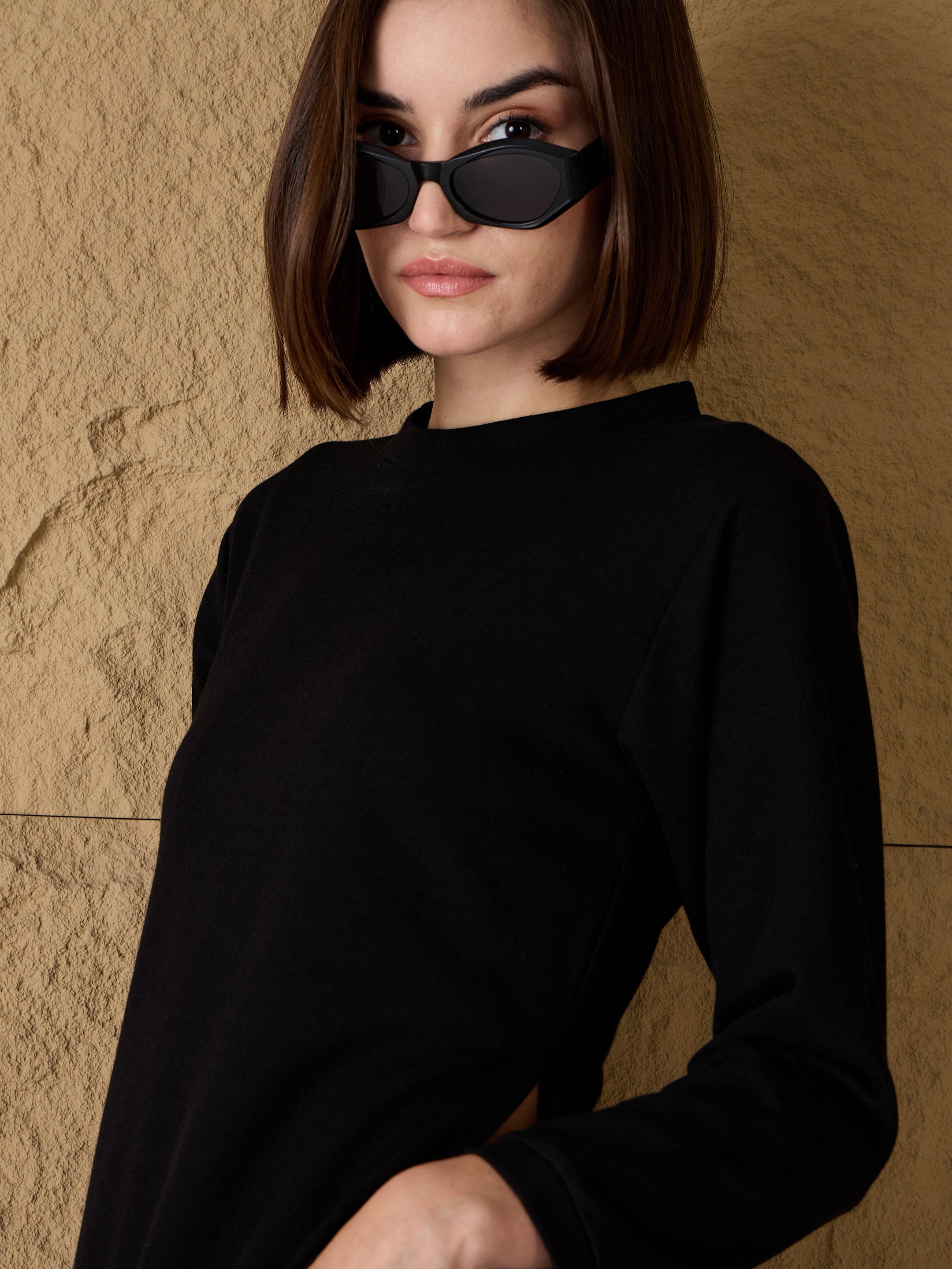 Women Black Round-Neck High Slit Sweater-SFSWSH7686