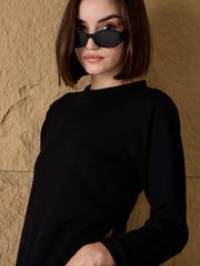 Women Black Round-Neck High Slit Sweater-SFSWSH7686