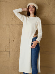 Women Off-White Round-Neck High Slit Sweater-SFSWSH7687