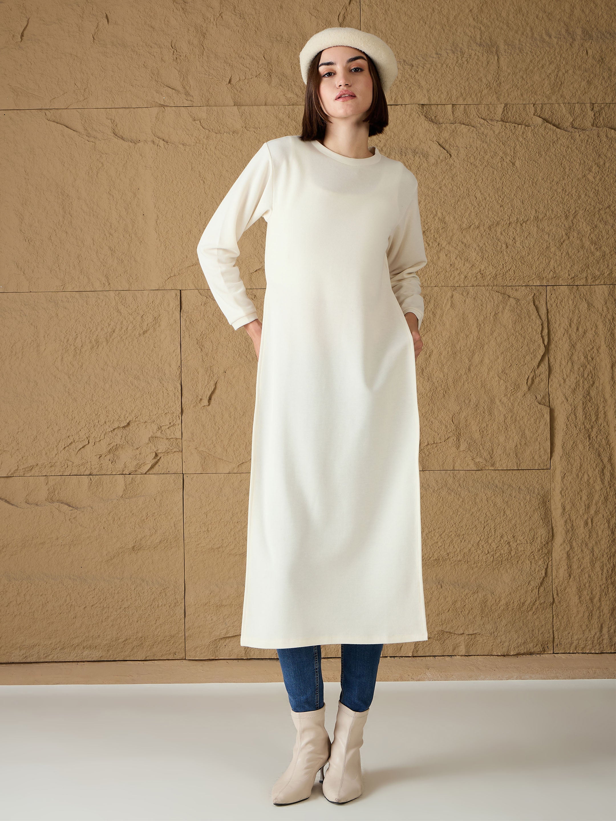 Women Off-White Round-Neck High Slit Sweater-SFSWSH7687