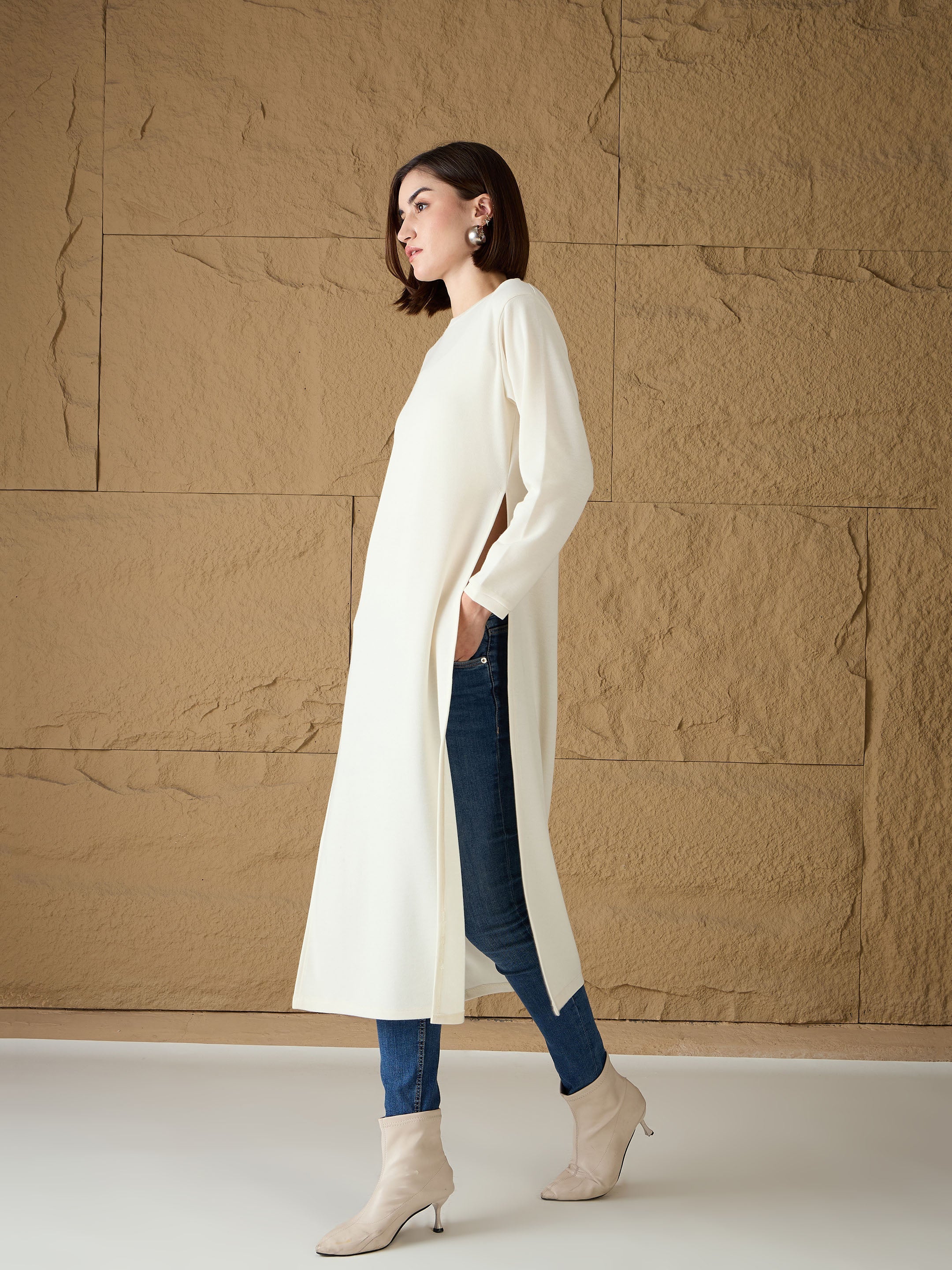 Women Off-White Round-Neck High Slit Sweater-SFSWSH7687