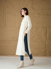Women Off-White Round-Neck High Slit Sweater-SFSWSH7687