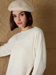 Women Off-White Round-Neck High Slit Sweater-SFSWSH7687
