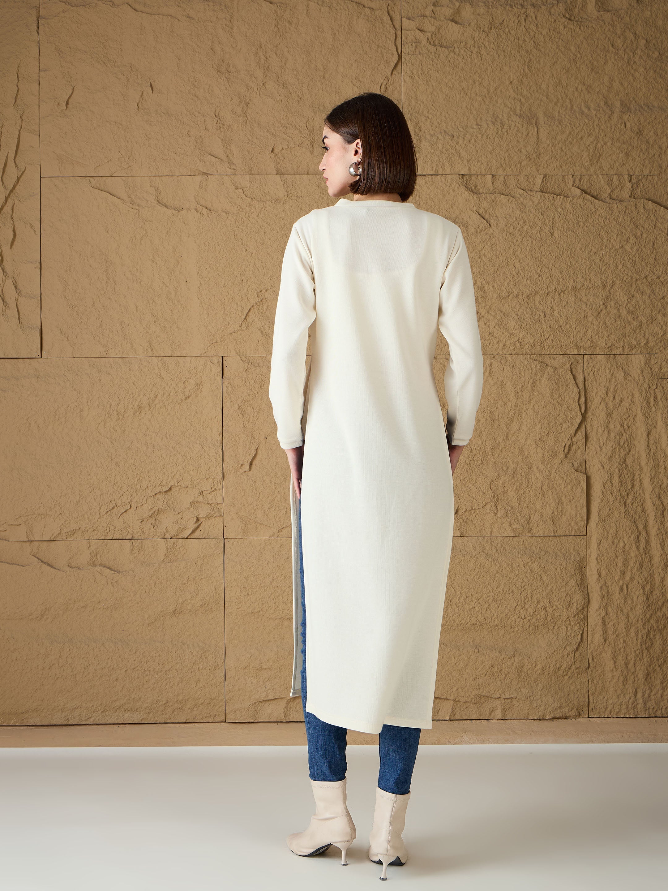 Women Off-White Round-Neck High Slit Sweater-SFSWSH7687