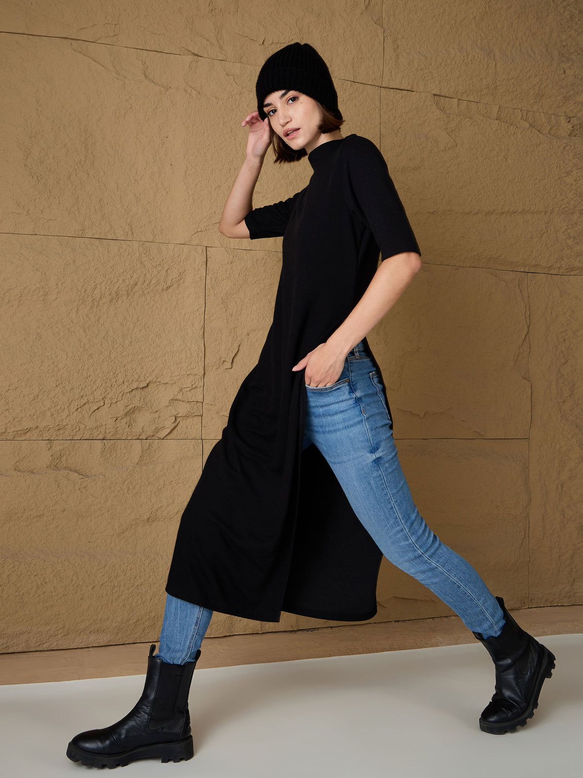 Women Black High-Neck High Slit Sweater-SFSWSH7688