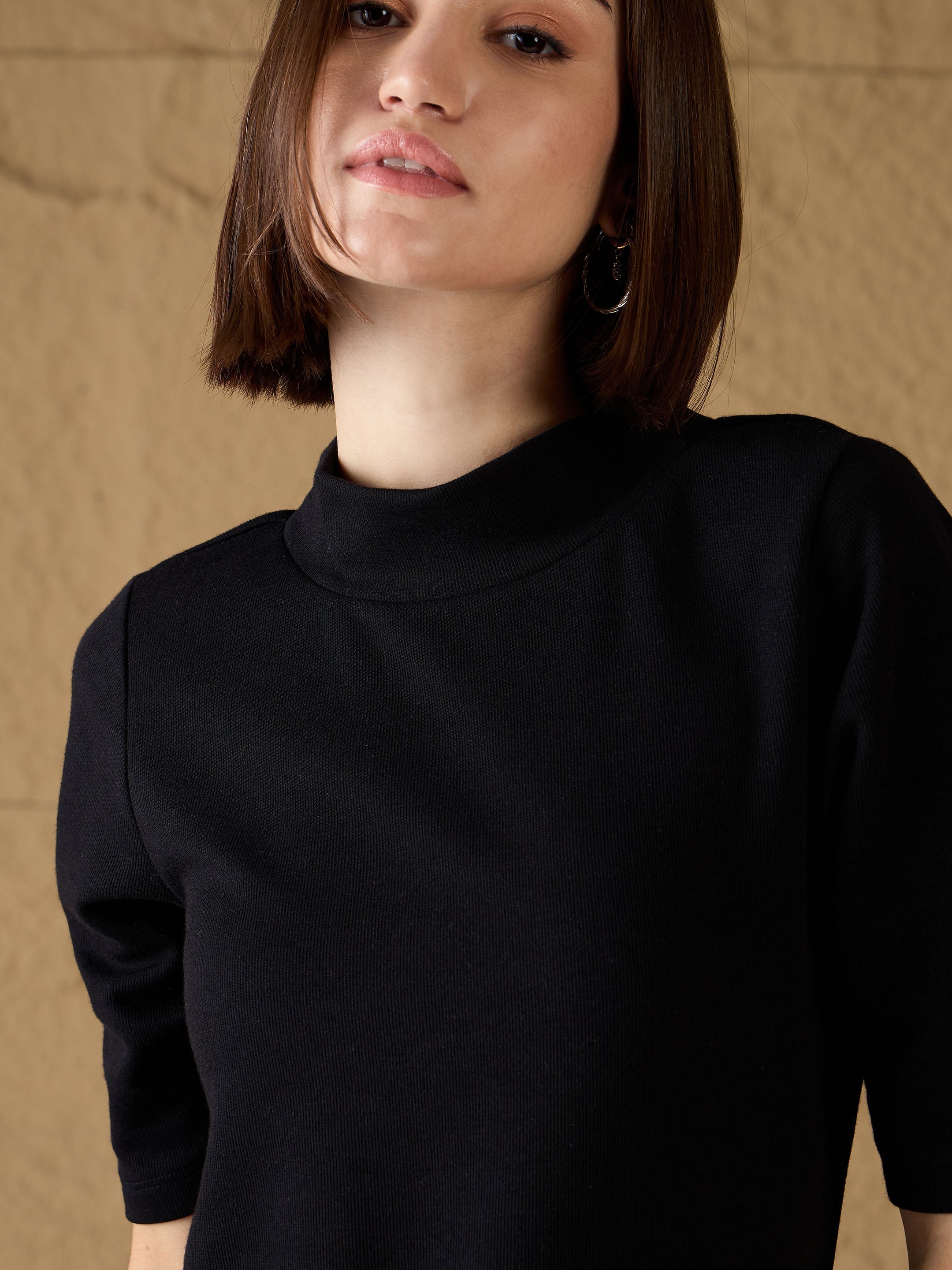 Women Black High-Neck High Slit Sweater-SFSWSH7688